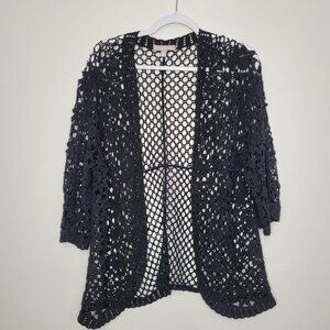 Woman Within black open knit crochet open front boho plus size cardigan 1x 22/24